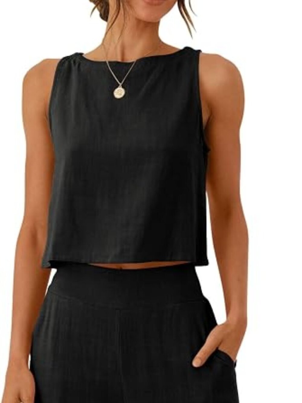 Amazon ANRABESS Black Linen Crop Top